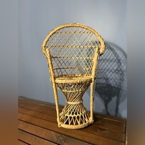 Mini Peacock Wicker Fan Back Rattan Chair 16” Doll Plant Stand Boho Hippie Decor